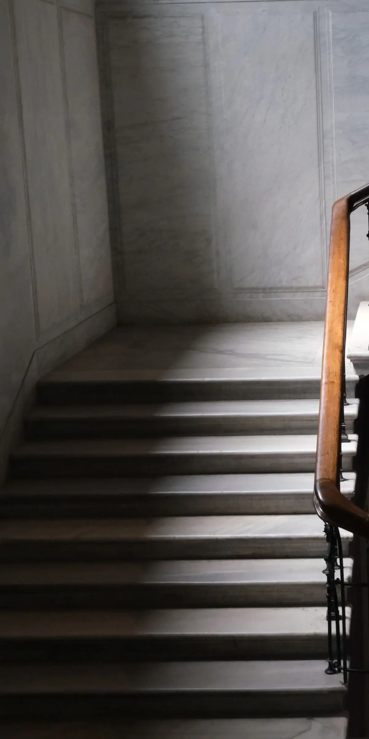 Escalier en marbre clair aux marches massives, rampe en fer forgé et main courante en bois, lumière latérale froide
