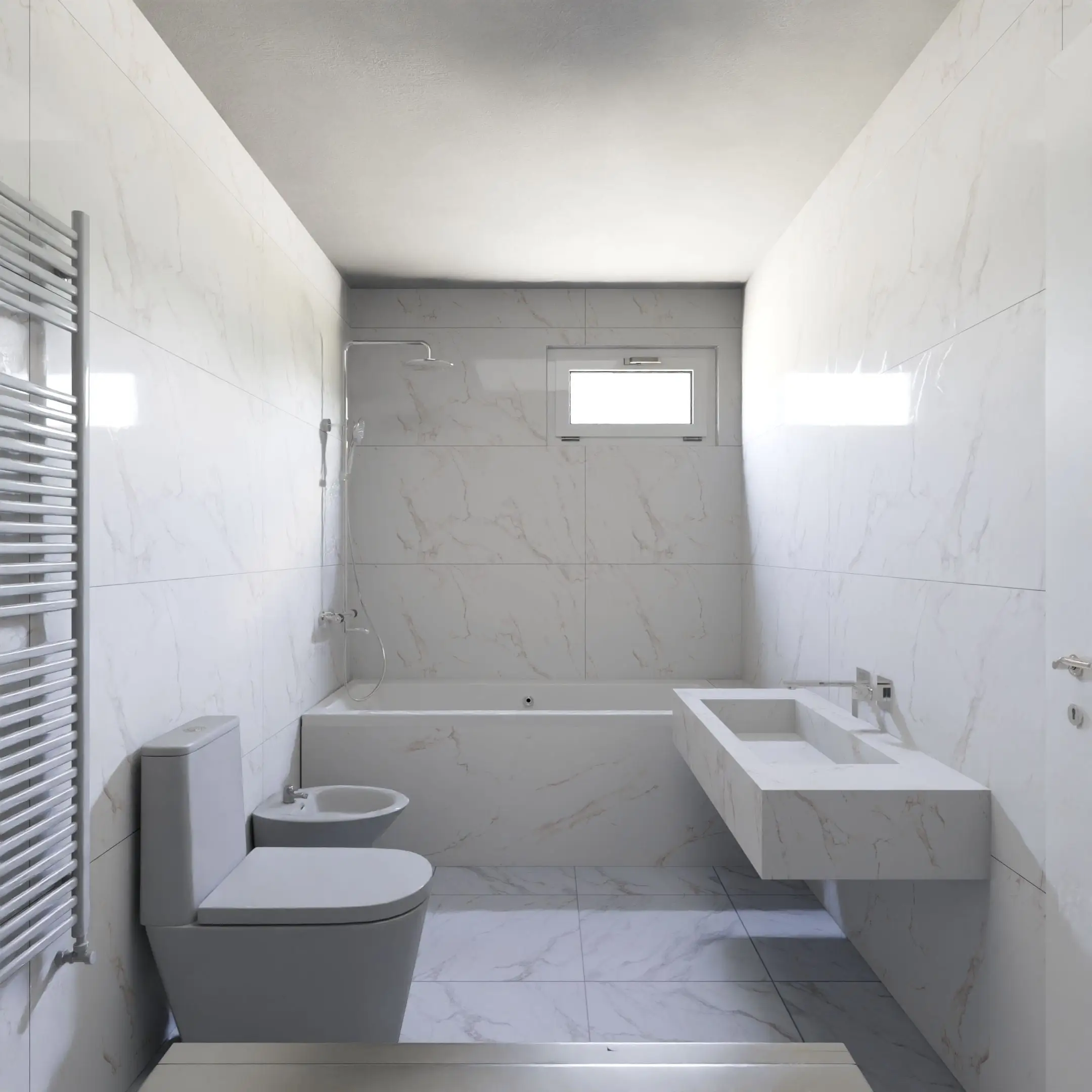 Salle de bain refaite en marbre blanc veiné : grandes dalles aux murs et au sol, baignoire habillée, vasque en pierre
